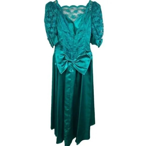 VINTAGE 80'S ILGWU UNION MADE WORKERS UNION TEAL/TURQUOISE FORMAL BOW DRESS 9 - Picture 2 of 16